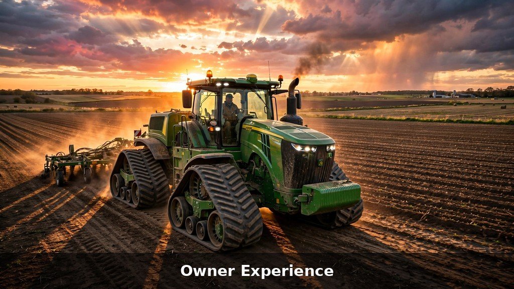 John Deere four-track tractor working in a field at sunset