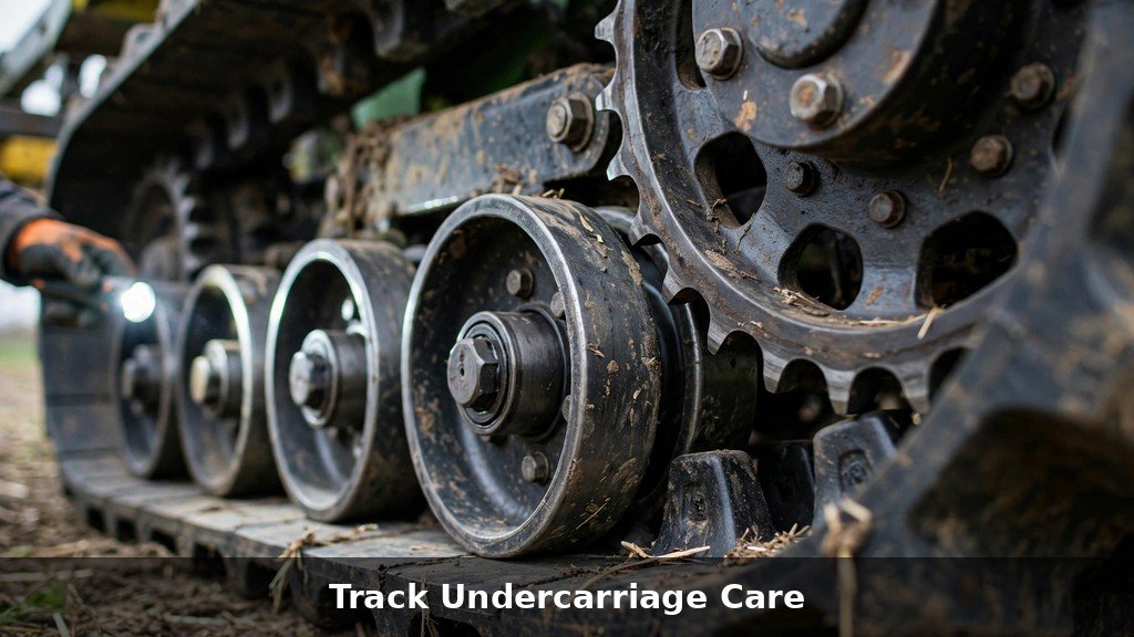 Close-up of the rubber track undercarriage of a John Deere 9RX Series tractor being inspected