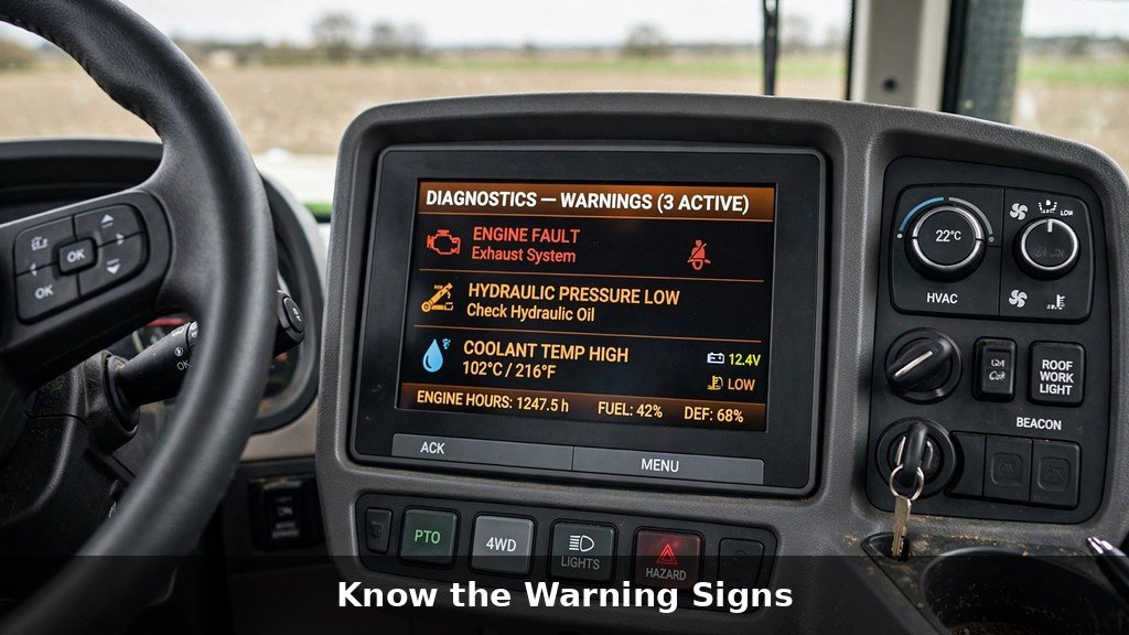 John Deere 9RX Series tractor cab dashboard with digital diagnostic display showing warning indicators