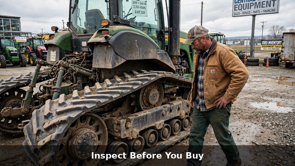 Farmer inspecting a used John Deere 9RX Series four-track tractor on a dealership lot