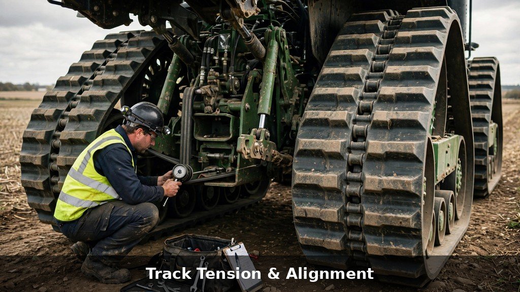 Technician checking track belt tension on a John Deere 9RX Series four-track tractor