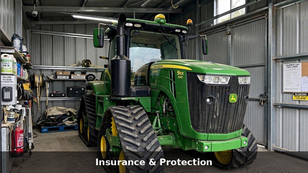 John Deere 9RX Series four-track tractor parked inside a secure equipment shed