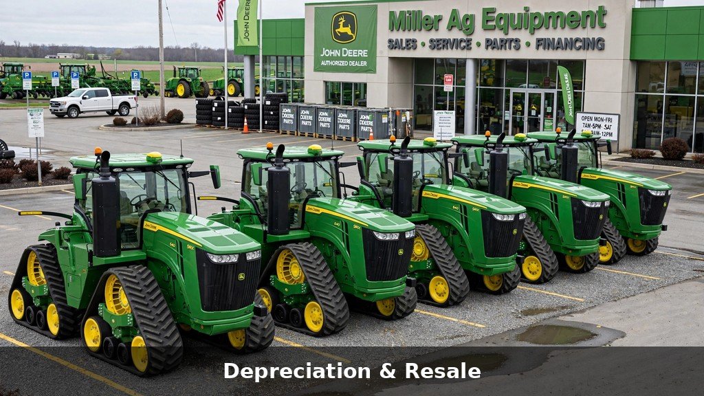 Row of John Deere four-track tractors on a dealership sales lot