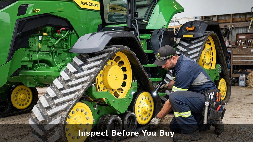 Mechanic inspecting the rubber track undercarriage of a John Deere four-track tractor