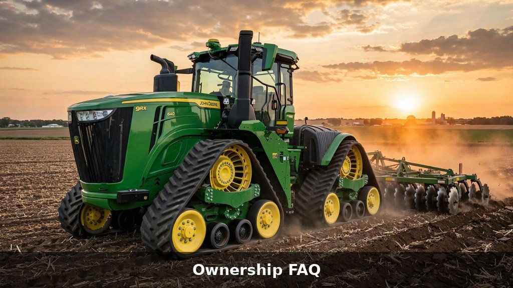John Deere four-track tractor working in a field at sunset