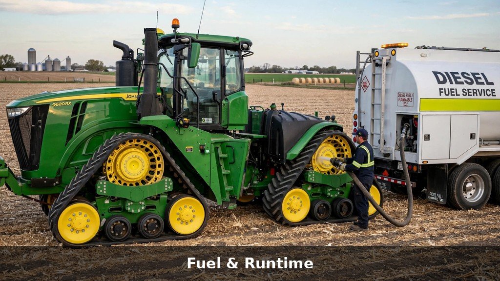Refueling a John Deere 9520RX four-track tractor in the field