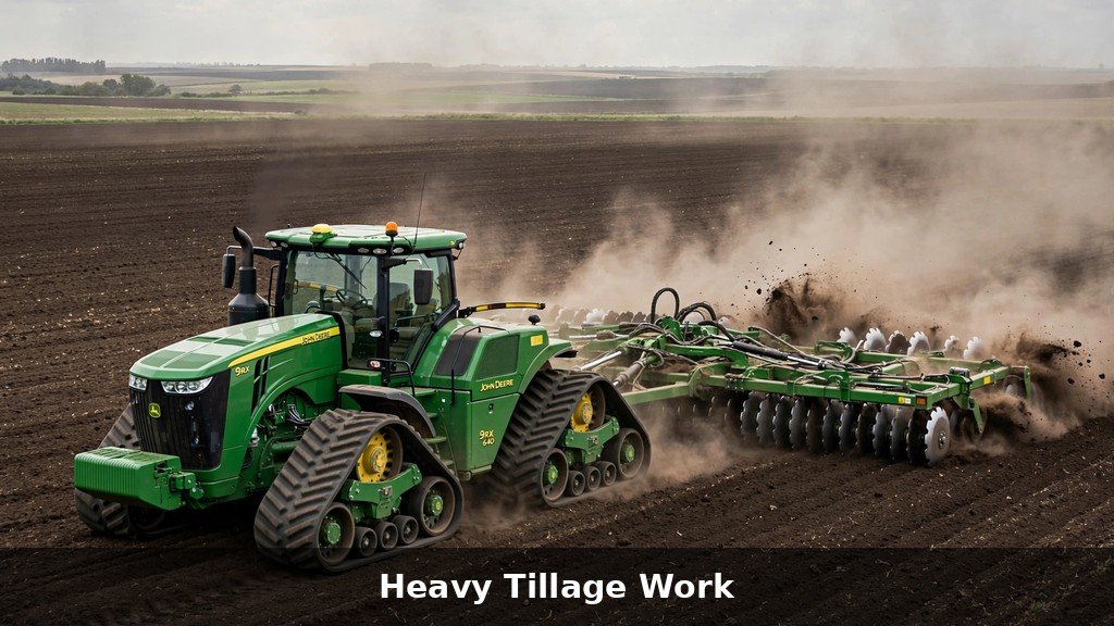 John Deere 9520RX four-track tractor pulling a disc ripper through dark soil