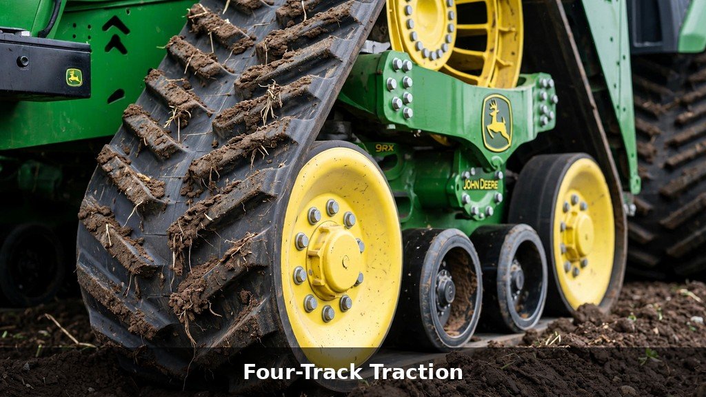 Close-up of Camso rubber belt tracks on a John Deere 9520RX four-track tractor
