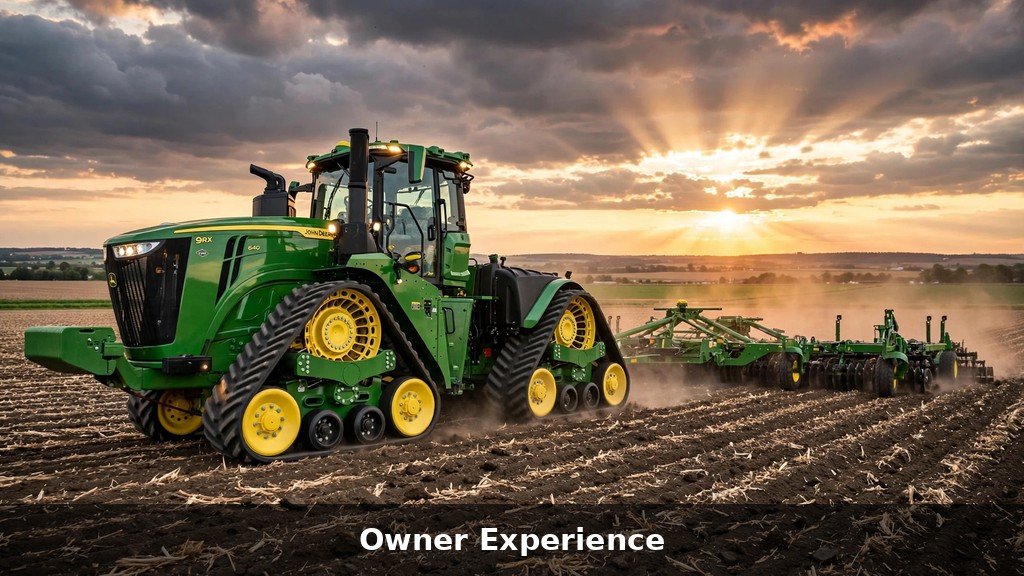 John Deere 9520RX four-track tractor working in a field at sunset