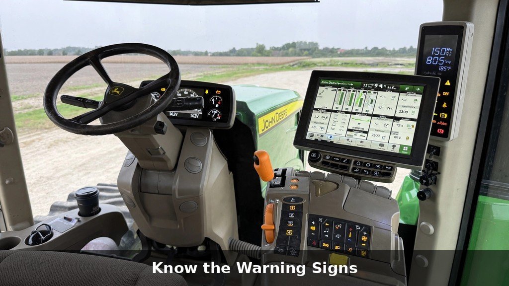 John Deere 9520RX cab dashboard with digital CommandCenter display and warning indicator lights