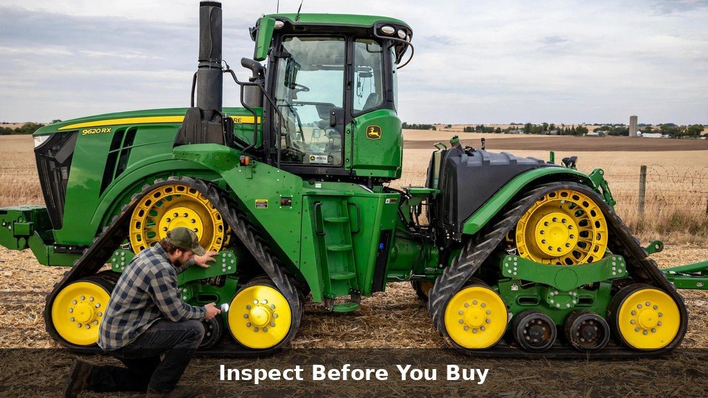 Farmer doing a pre-purchase walkaround inspection of a used John Deere 9520RX four-track tractor in a field