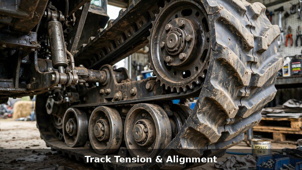 Close-up of a four-track tractor undercarriage showing the drive sprocket, mid-rollers and track belt