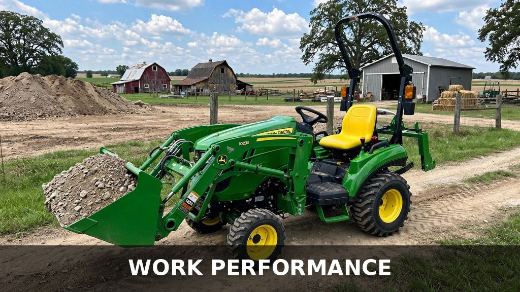 John Deere 1023E with 120R front loader carrying a bucket of gravel