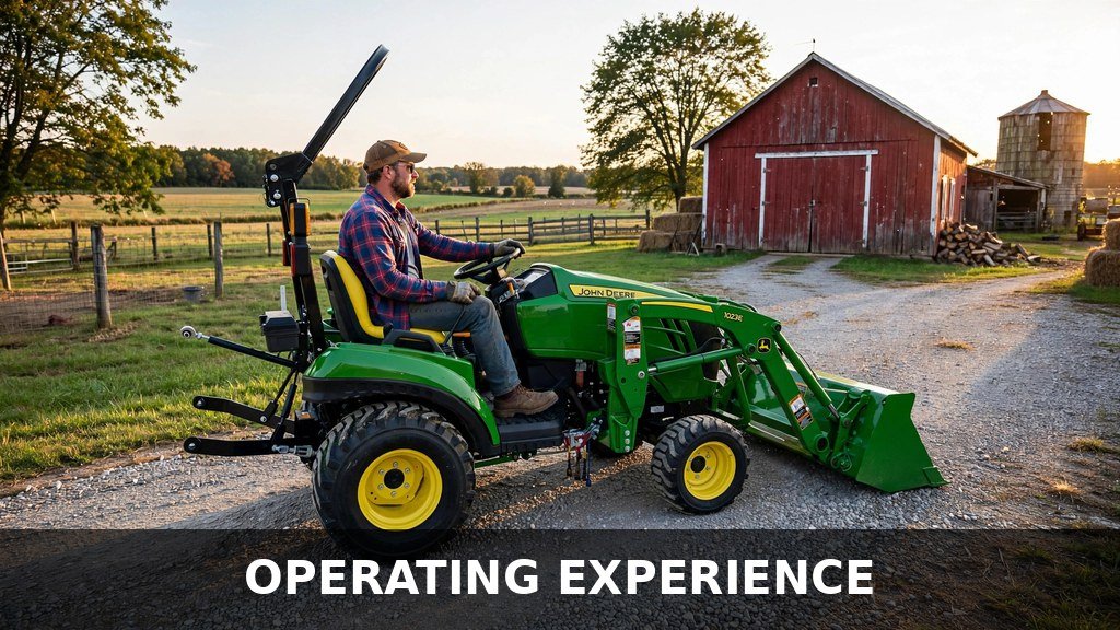 John Deere 1023E driving on a gravel driveway beside a red barn