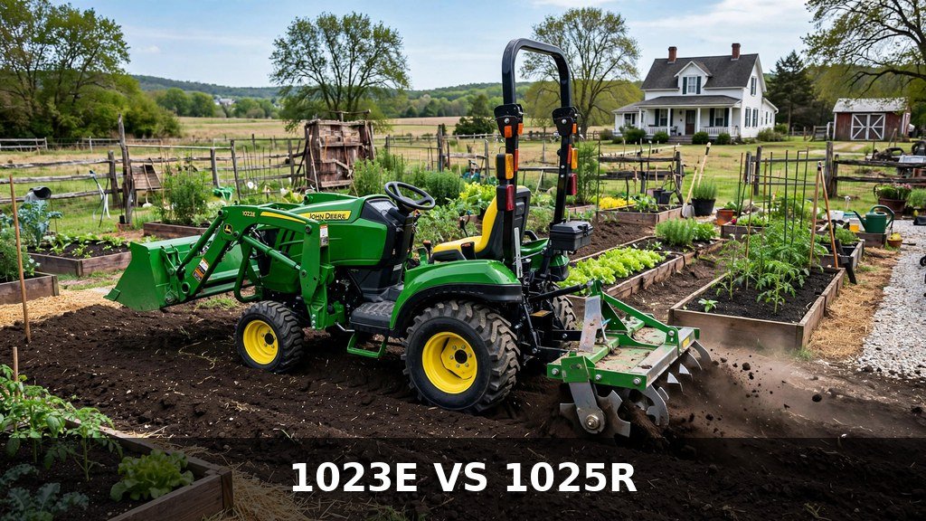 John Deere 1023E tilling a garden plot with a rear rotary tiller