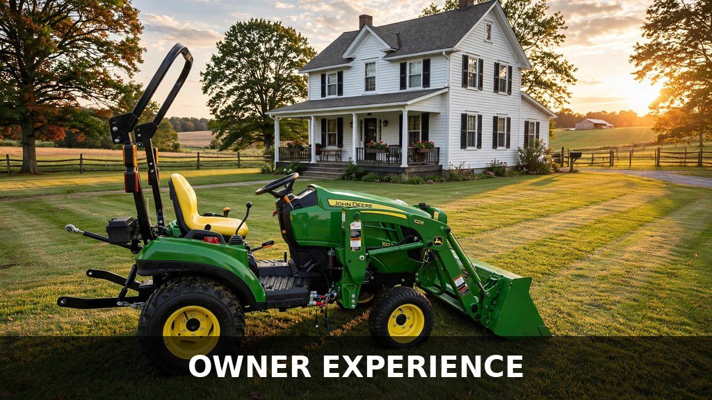 John Deere 1023E parked on a mowed lawn in front of a farmhouse at sunset