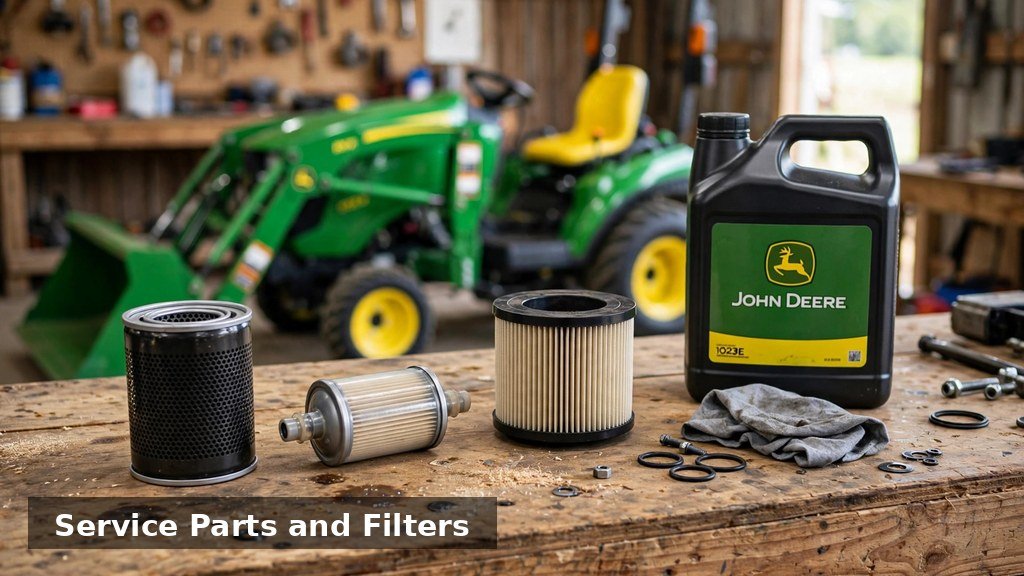 John Deere 1023E service parts and filters on a workshop bench