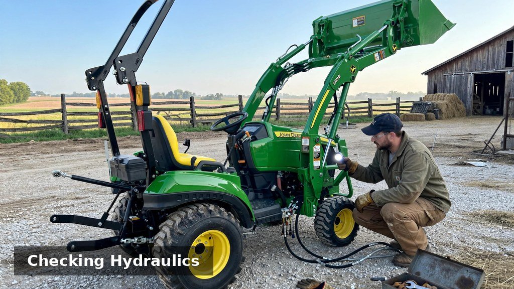Farmer inspecting hydraulic hoses on a John Deere 1023E front loader