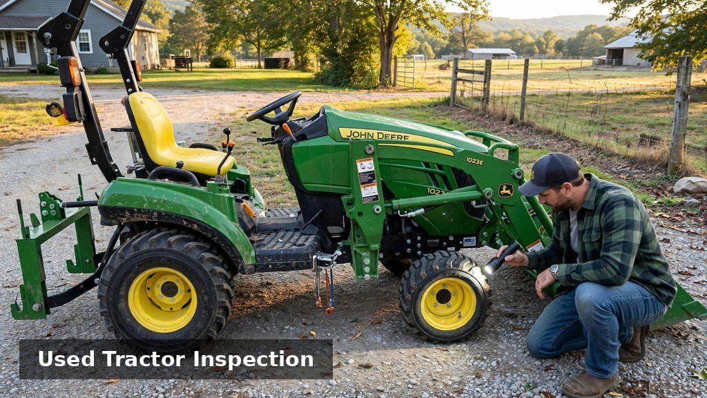 Buyer inspecting a used John Deere 1023E tractor before purchase