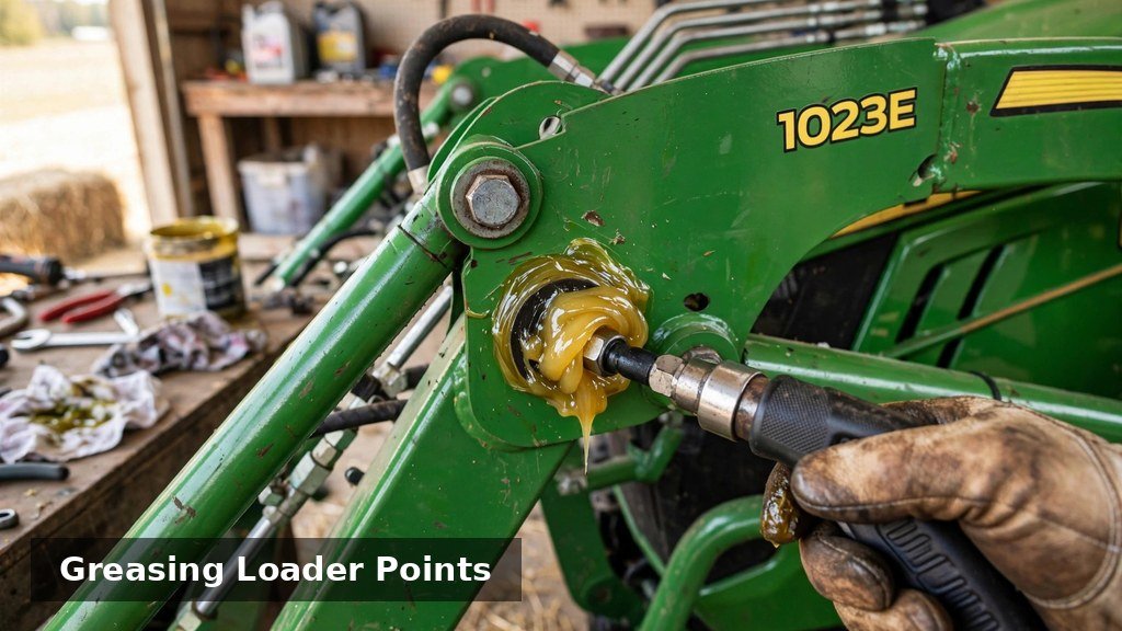Greasing loader pivot points on a John Deere 1023E