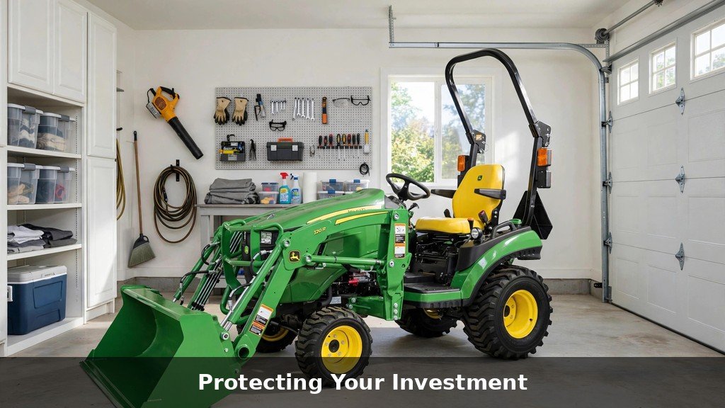 John Deere 1023E stored securely inside a residential garage
