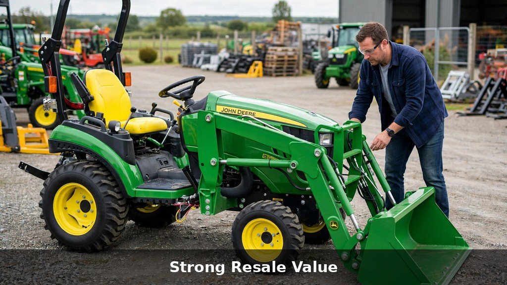 Buyer inspecting a used John Deere 1023E on a dealer lot before purchase