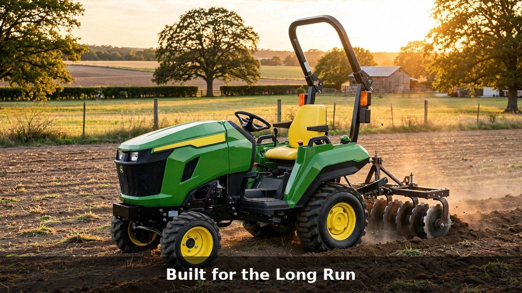 John Deere 1023E working in a field at golden hour, showing long-term reliability