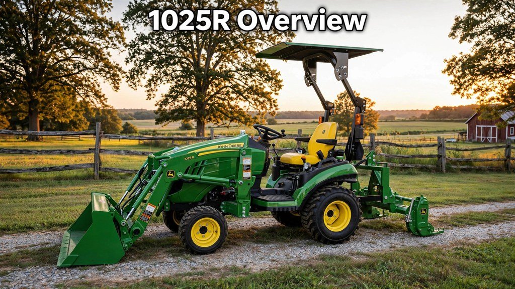 John Deere 1025R sub-compact tractor with front loader on a rural property