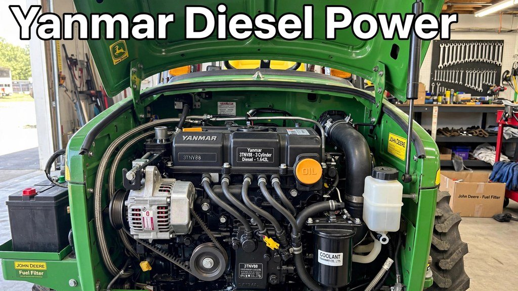 Yanmar diesel engine bay of a John Deere 1025R tractor