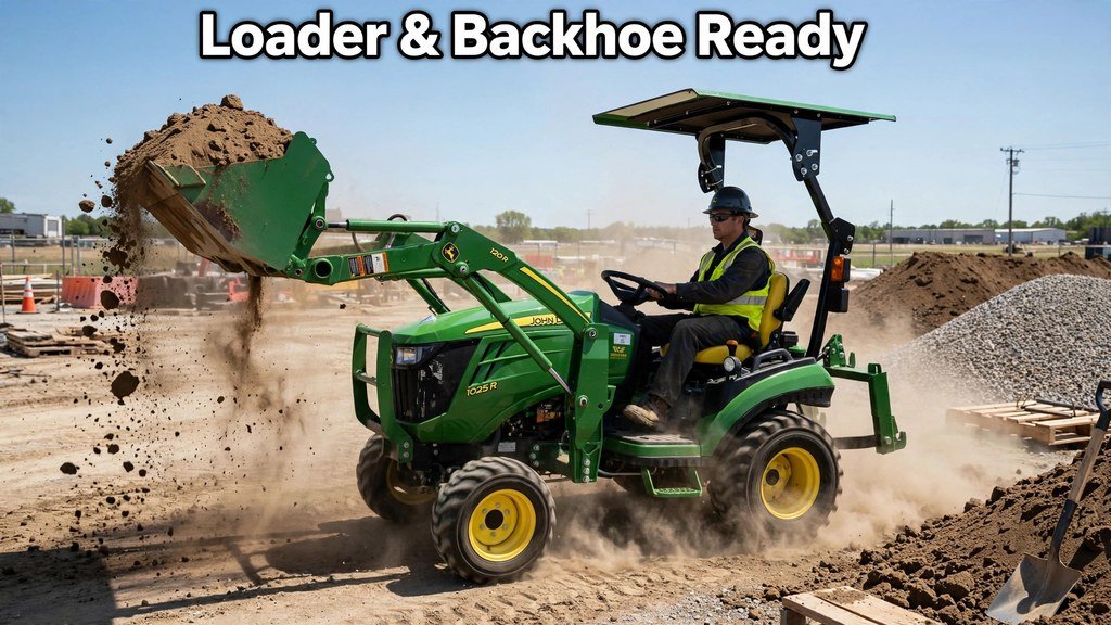 John Deere 1025R with 120R front loader moving soil on a property