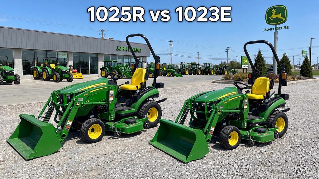 John Deere 1025R and 1023E tractors parked side by side for comparison