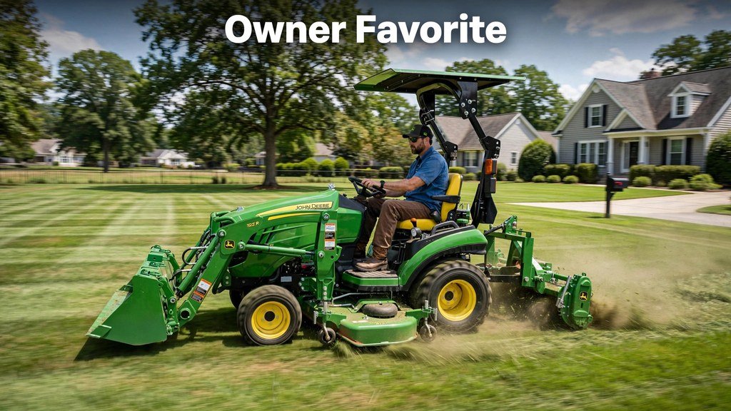 John Deere 1025R mowing a large residential lawn with AutoConnect deck