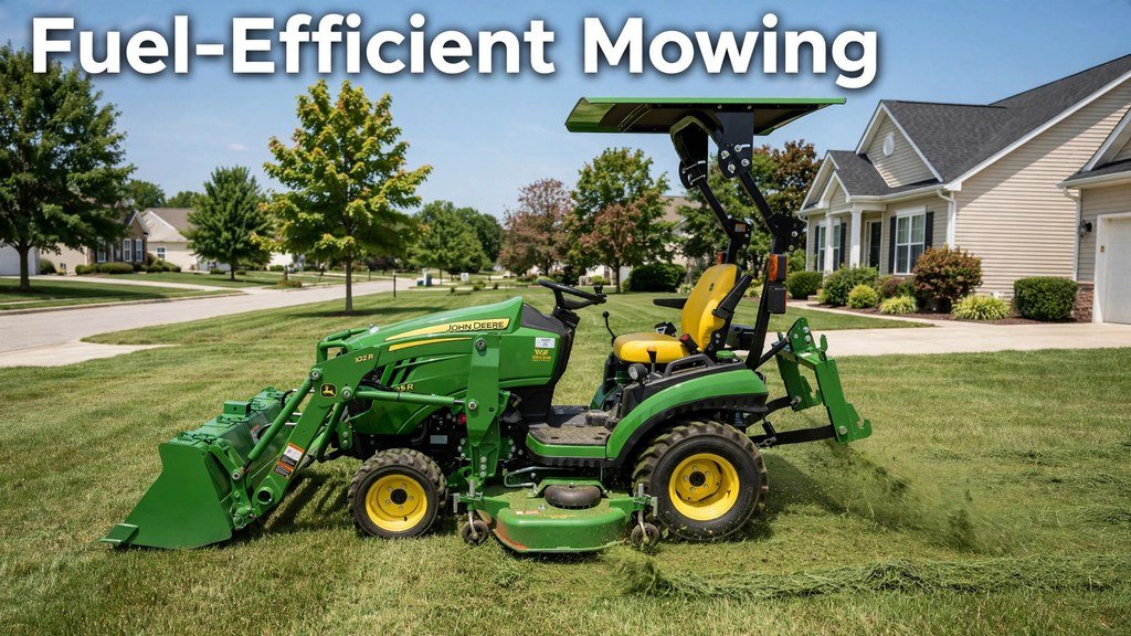 John Deere 1025R mowing a residential lawn with a mid-mount mower deck