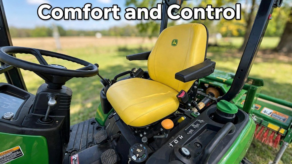 John Deere 1025R operator station with deluxe suspension seat and tilt steering