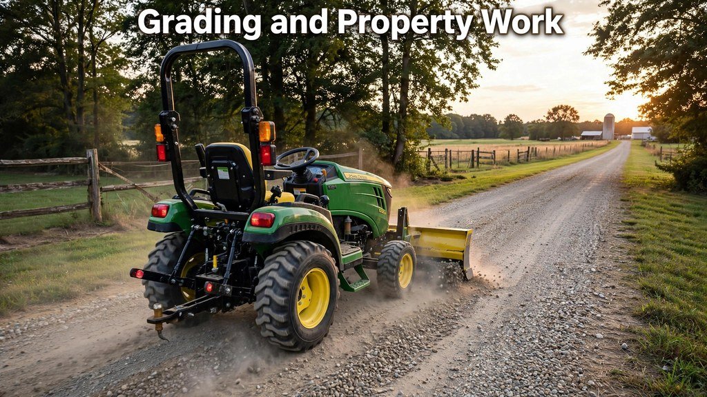 John Deere 1025R working on a rural property with box blade