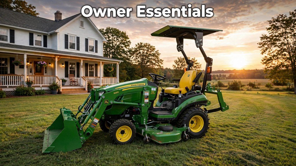 John Deere 1025R parked on a mowed lawn at sunset