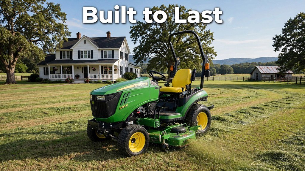 John Deere 1025R mowing a large property with a mid-mount mower deck