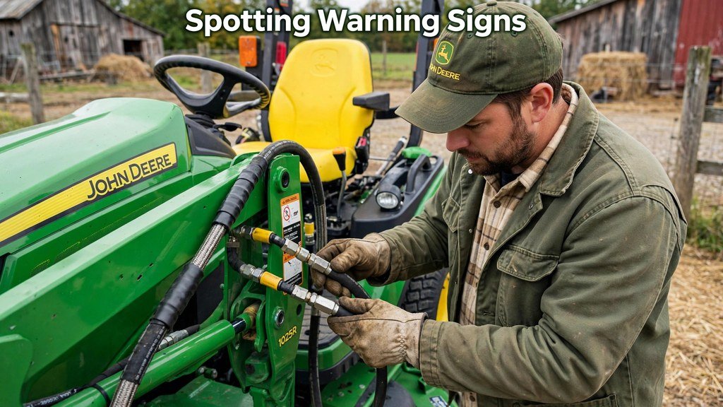 Farmer inspecting hydraulic hoses on a John Deere 1025R front loader