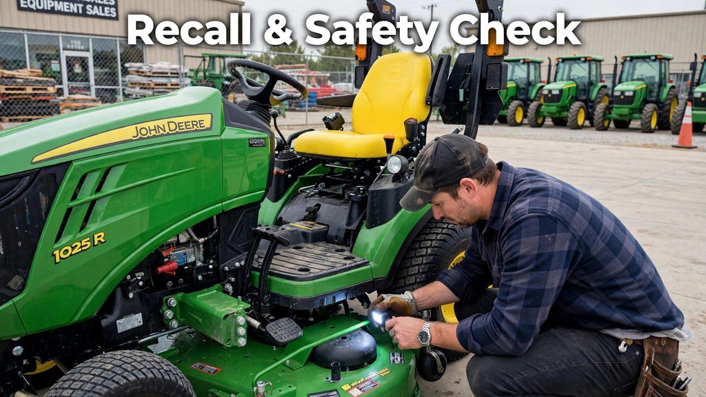 Buyer inspecting brake pedals on a used John Deere 1025R tractor