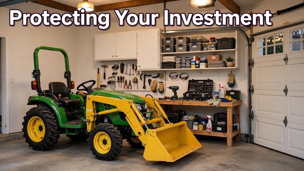 John Deere 1025R stored securely inside a residential garage