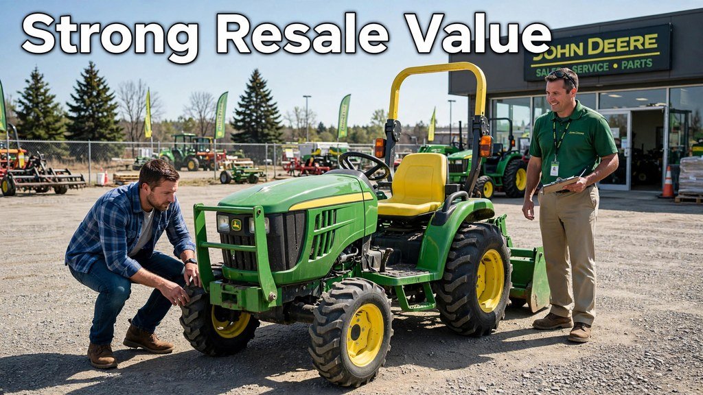 Buyer inspecting a used John Deere 1025R on a dealer lot before purchase
