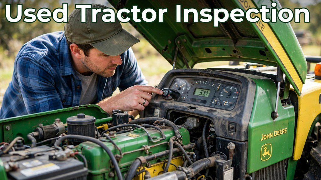 Buyer checking the hour meter and engine bay of a used John Deere 1025R