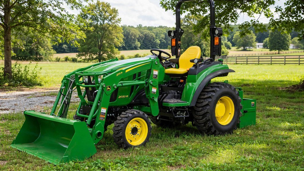 John Deere 2032R compact tractor with 220R front loader on a rural property