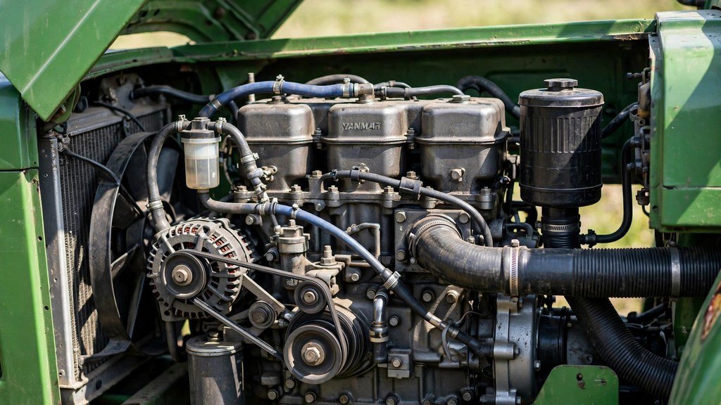 Yanmar diesel engine bay of a John Deere 2032R compact tractor