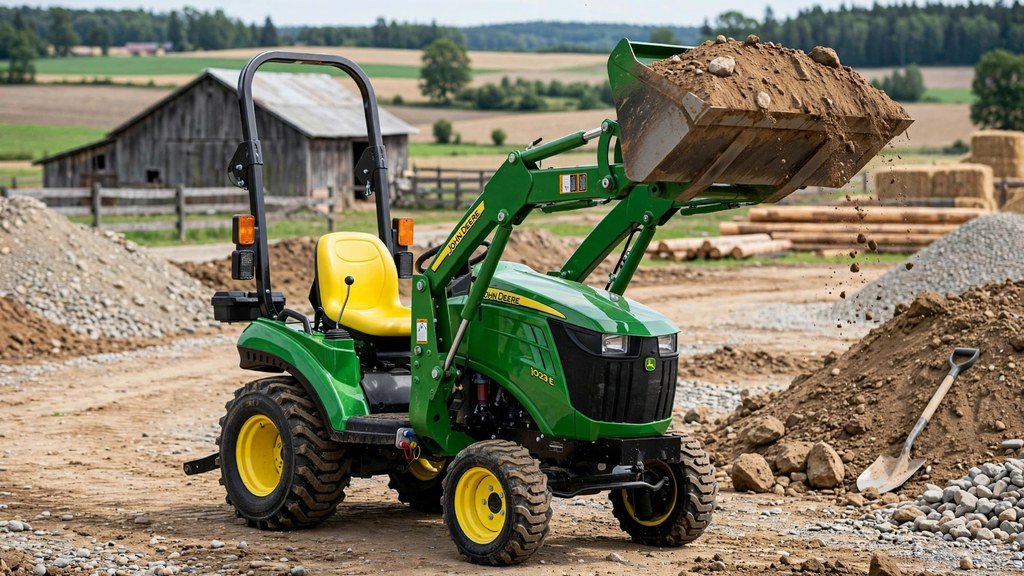 John Deere 2032R with 220R front loader lifting a bucket of soil