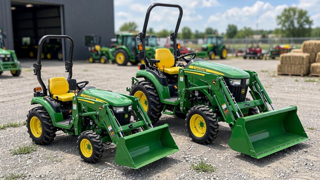 Two John Deere compact tractors parked side by side for comparison