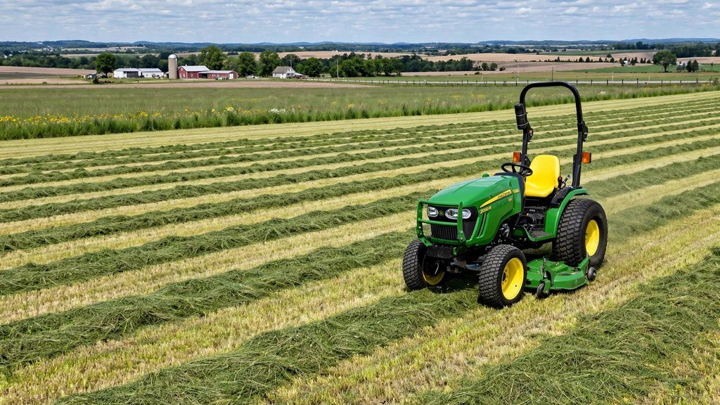 John Deere 2032R mowing a large field with mid-mount mower deck