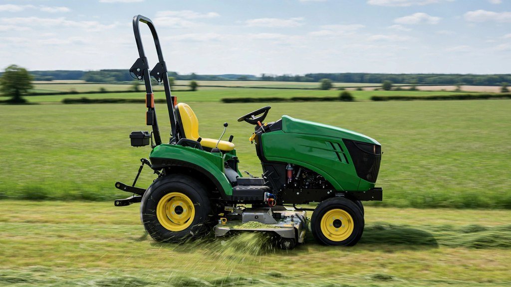 John Deere 2032R mowing a large field with a mid-mount mower deck