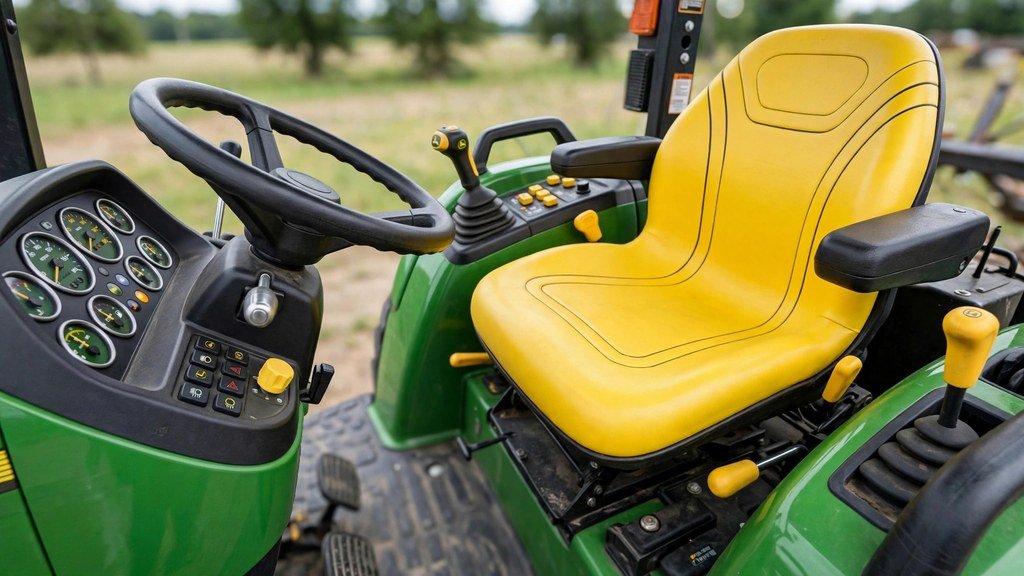 John Deere 2032R operator station with tilt steering and comfortable seat
