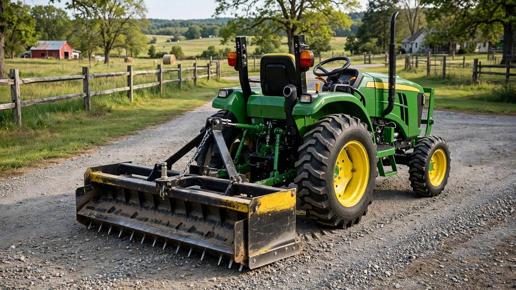 John Deere 2032R working on a rural homestead with rear implement